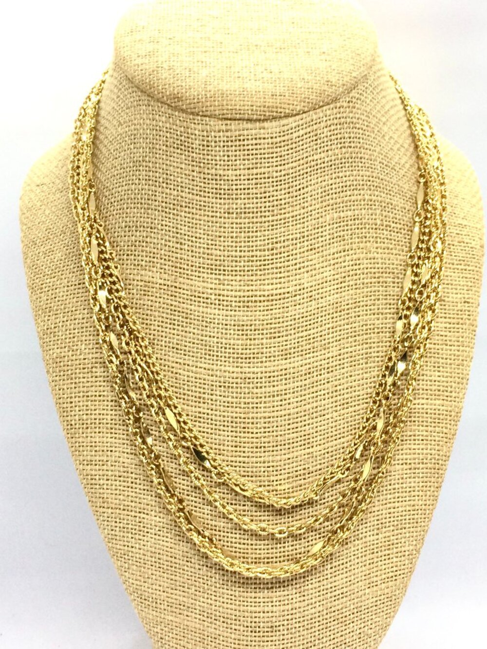 VINTAGE CHAIN NECKLACE Gold Tone Five Strand Layered Mixed Links Fold Over Clasp